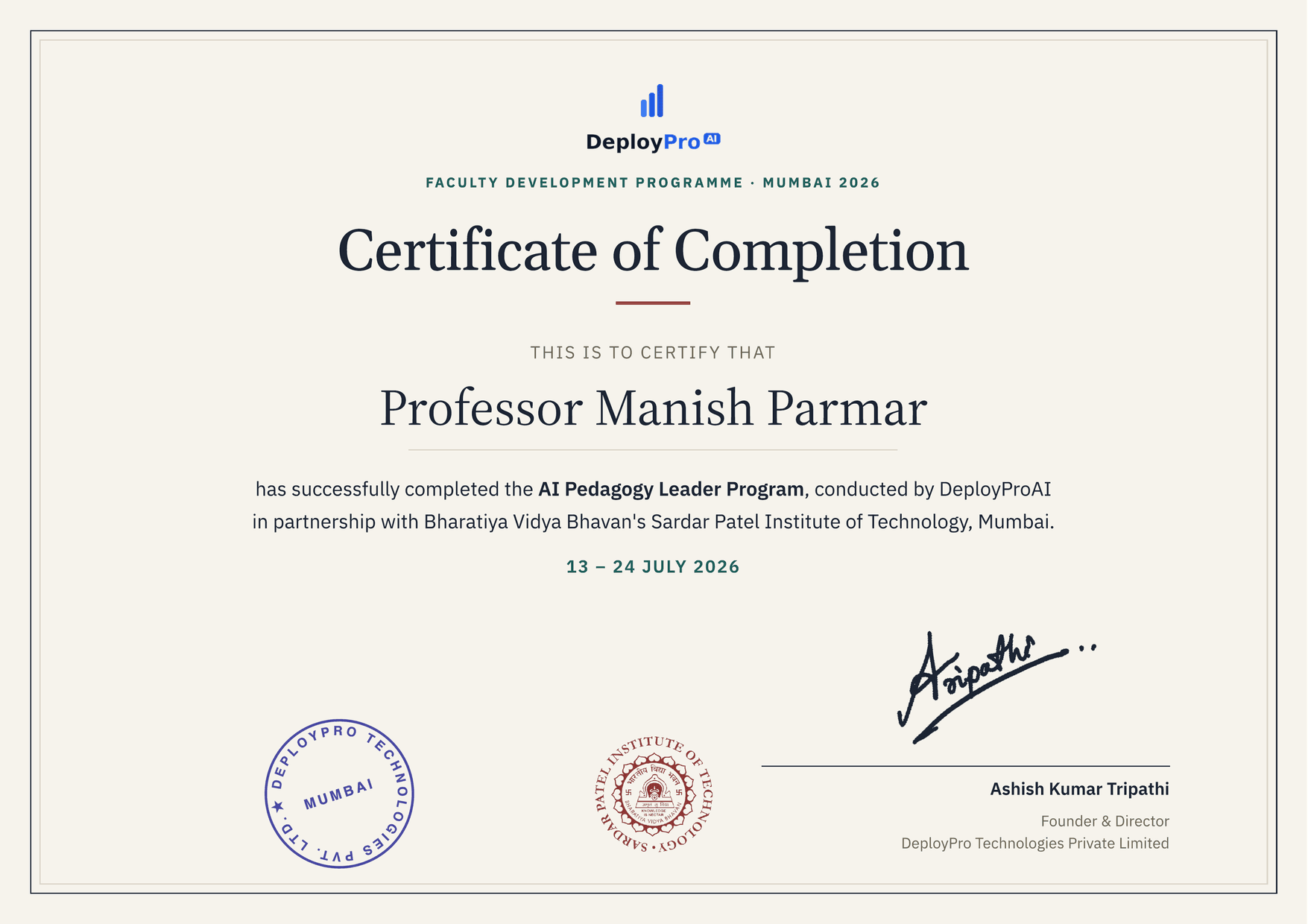 Certificate of Completion — Professor Manish Parmar