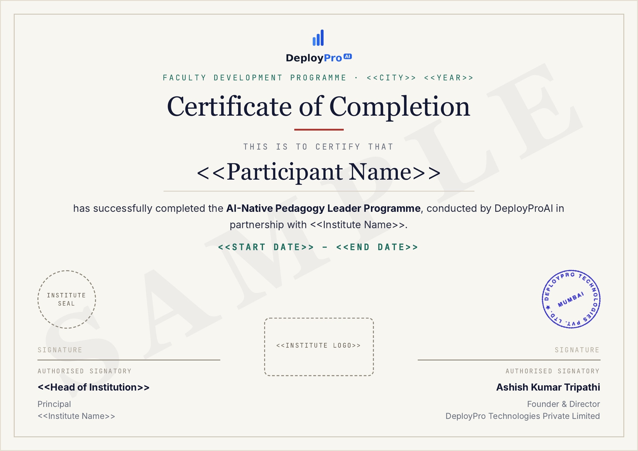 Sample AI-Native Pedagogy Leader certificate of completion, with places for the institute’s name, seal, logo and Principal’s signature beside DeployProAI’s