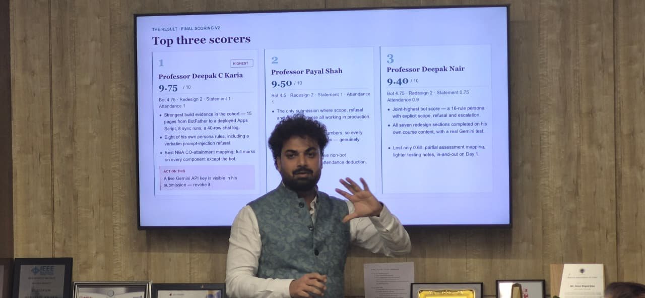 Ashish Tripathi presenting the top three scorers to the faculty cohort