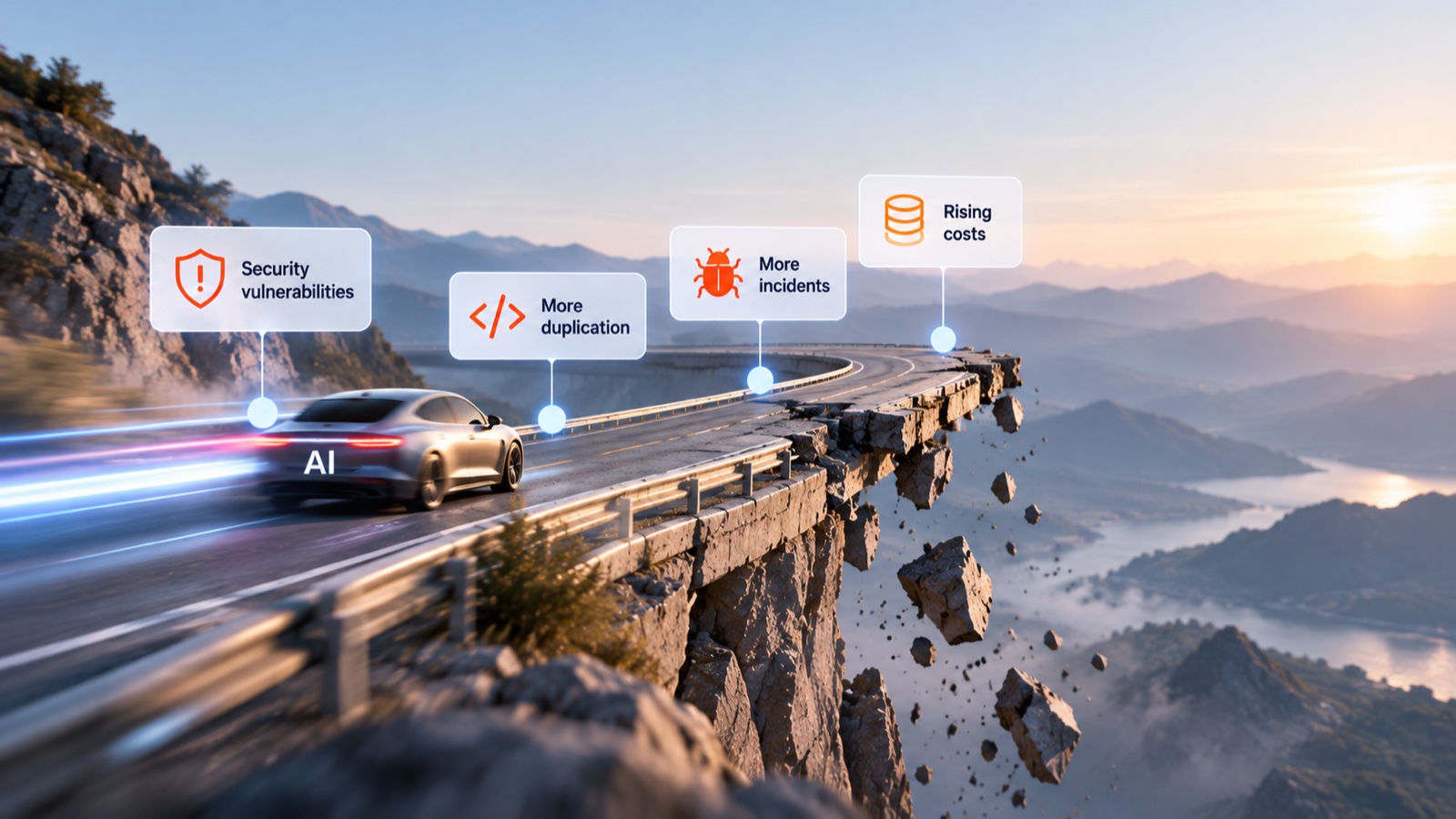 A car labelled AI racing towards a crumbling cliff edge, past markers for security vulnerabilities, more duplication, more incidents and rising costs.