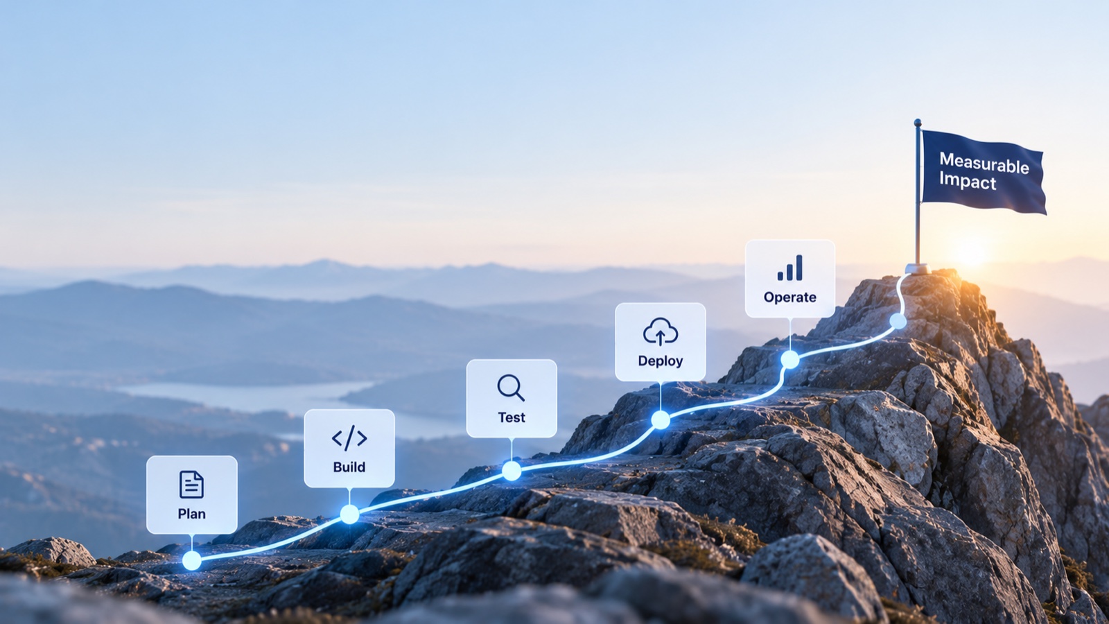 A path climbing a mountain through plan, build, test, deploy and operate to a flag marked measurable impact.