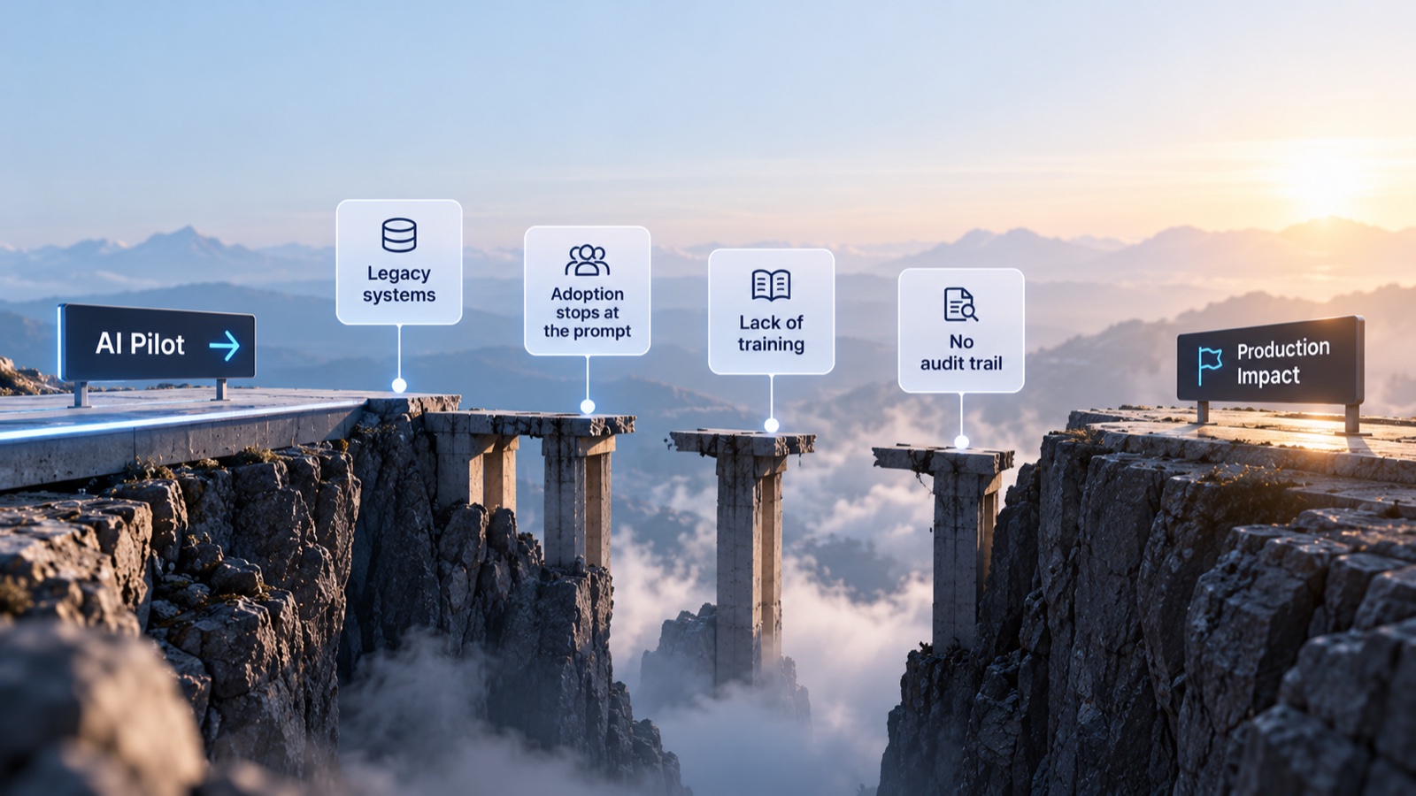 A broken bridge between an AI pilot and production impact, its pillars labelled legacy systems, adoption stops at the prompt, lack of training and no audit trail.