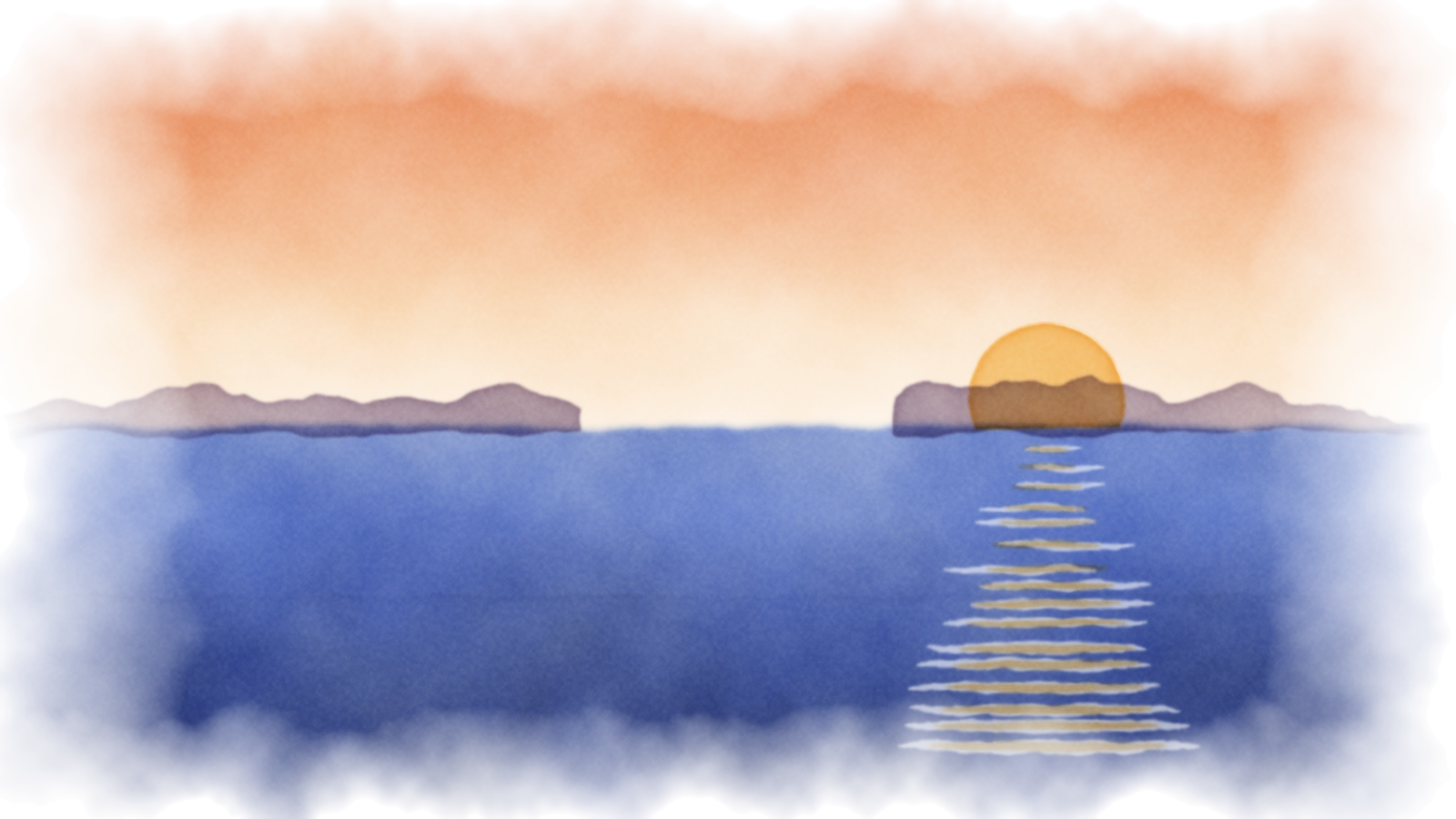 Watercolour of an oil tanker crossing a narrow strait at sunset; it moves as you step through the chain.